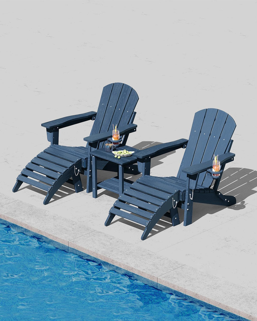 Garvee Folding Adirondack Chair with Ottoman, HDPE Outdoor Patio Chair with Cup Holder, All Weather Resistent Wooden Textured for patios, Decks, Gardens, fire Pit, Navy Blue