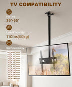 39” Ceiling TV Mount for 26-65 Inch LCD LED OLED 4K TVs, Heavy Duty Hanging TV Ceiling Mount Bracket with Height Adjustable Extension Pole for Home Patio Gazebo, Max VESA 400x400mm, Holds 110lbs