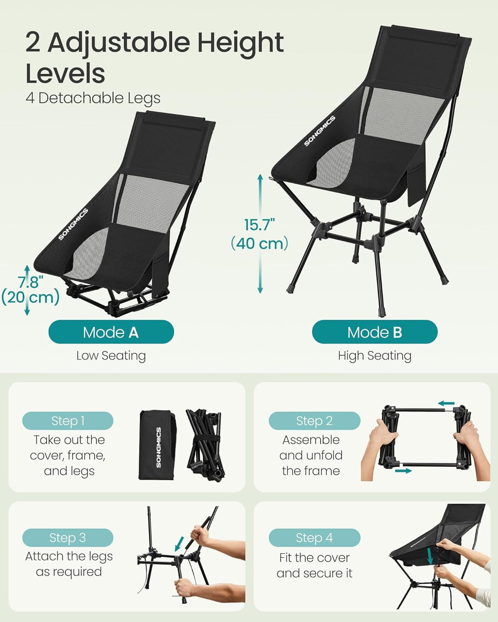 SONGMICS Camping Chair, Lightweight Folding Beach Chair, Adjustable Height, Steel Frame, Portable for Outdoor Travel