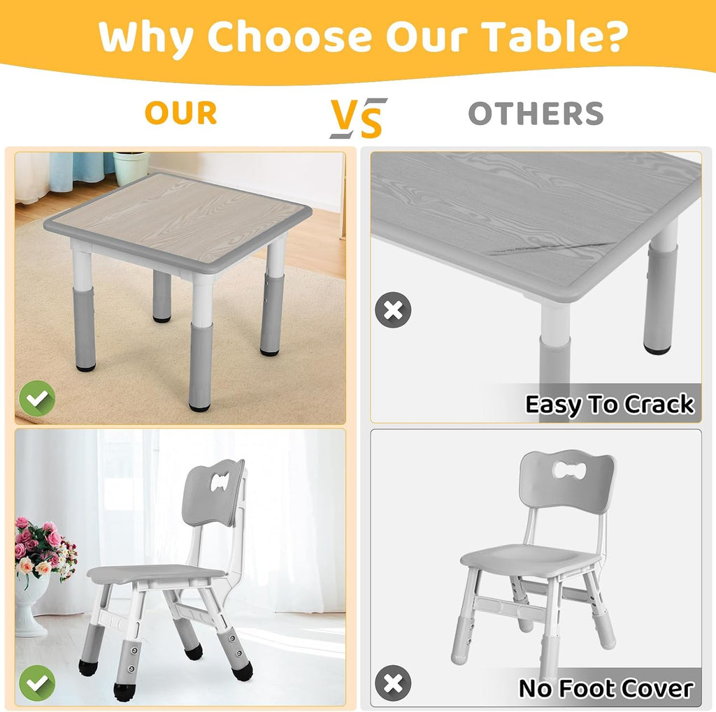 Arlopu Kids Table and 4 Chairs Set, Height Adjustable ((18.9"–23.6"), Anti-Slip Childrens Activity Desk, Wipe-Clean Desktop, Montessori Learning, Drawing for Toddler, Classroom, Home & Daycare (Grey)