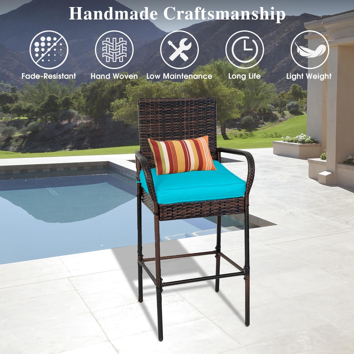 Sundale Outdoor Wicker Bar Stool Set of 2, Patio Counter Height Pub Chair with Arms, High Top Rattan Barstool, Cushion Beige, All-Weather Outdoor Rattan Furniture (Brown&Blue, Small Seat - 2 Stools)