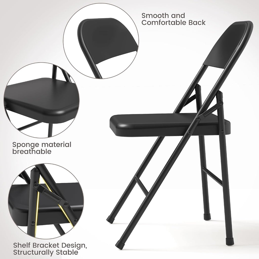 IDEALHOUSE 8 Pack All-Steel Folding Chairs Set of 8, Heavy Duty Metal Foldable Dining Chair with Backrest, Hold Up to 350 LBS, Black Portable Fold Chair for Home, Office, Indoor & Outdoor Events