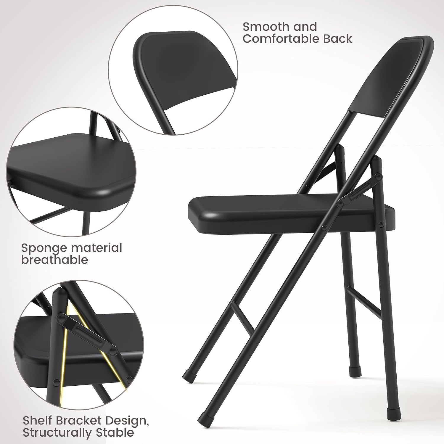 IDEALHOUSE 8 Pack All-Steel Folding Chairs Set of 8, Heavy Duty Metal Foldable Dining Chair with Backrest, Hold Up to 350 LBS, Black Portable Fold Chair for Home, Office, Indoor & Outdoor Events