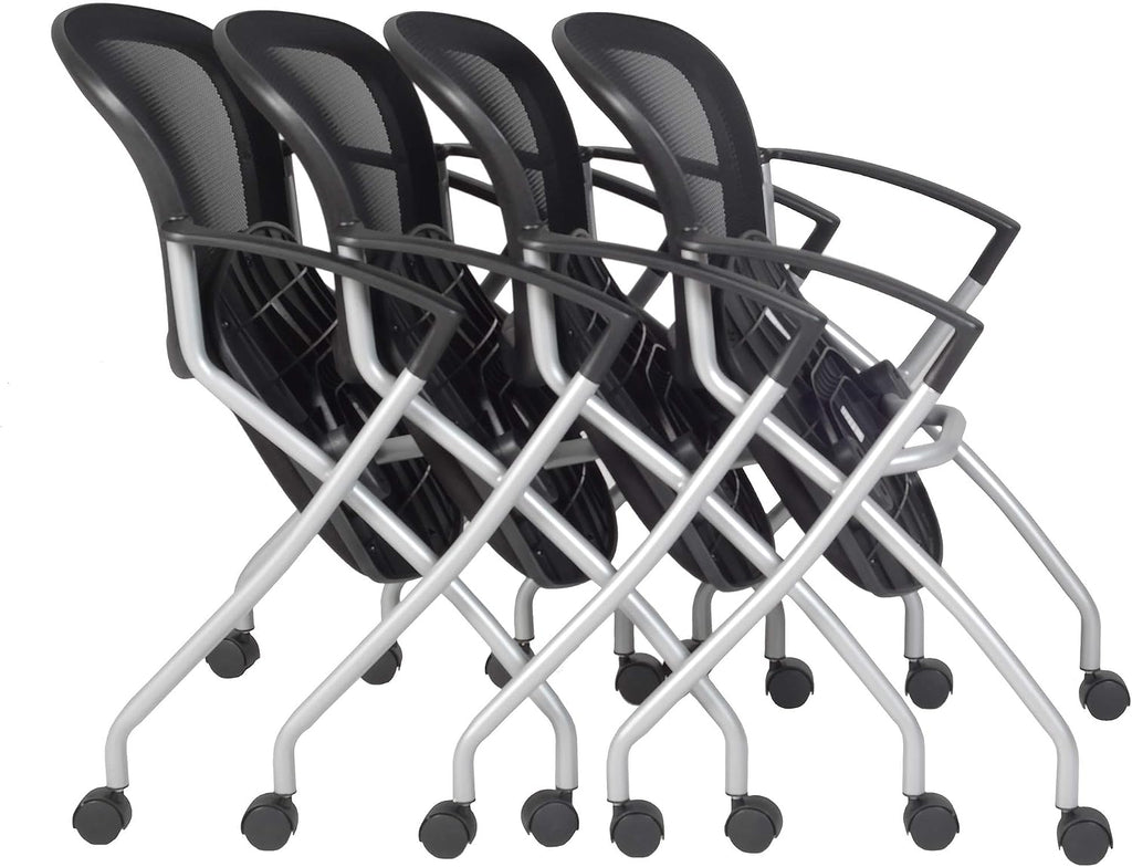 Regency Cadence Flexible High-Back Nesting Chair with Padded Fabric Seat – Breathable Mesh, Flip-Up Seat & Casters for Training Rooms, Classrooms & Offices (4-Pack, Black)