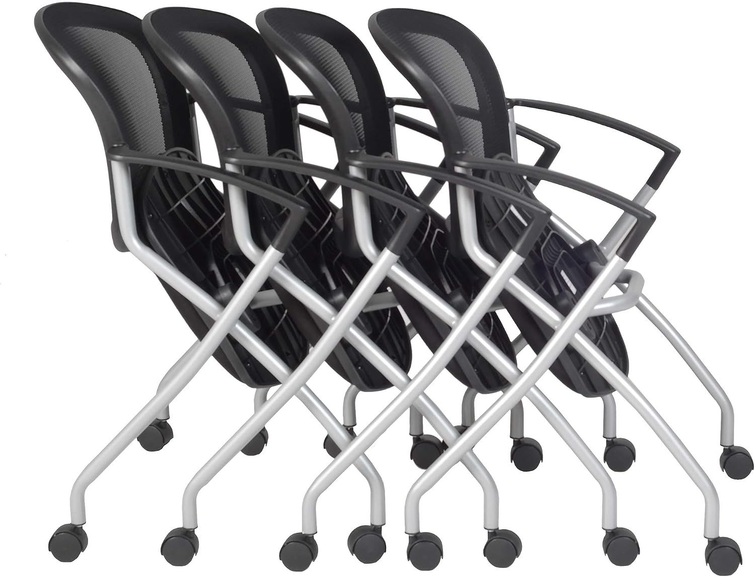 Regency Cadence Flexible High-Back Nesting Chair with Padded Fabric Seat – Breathable Mesh, Flip-Up Seat & Casters for Training Rooms, Classrooms & Offices (4-Pack, Black)