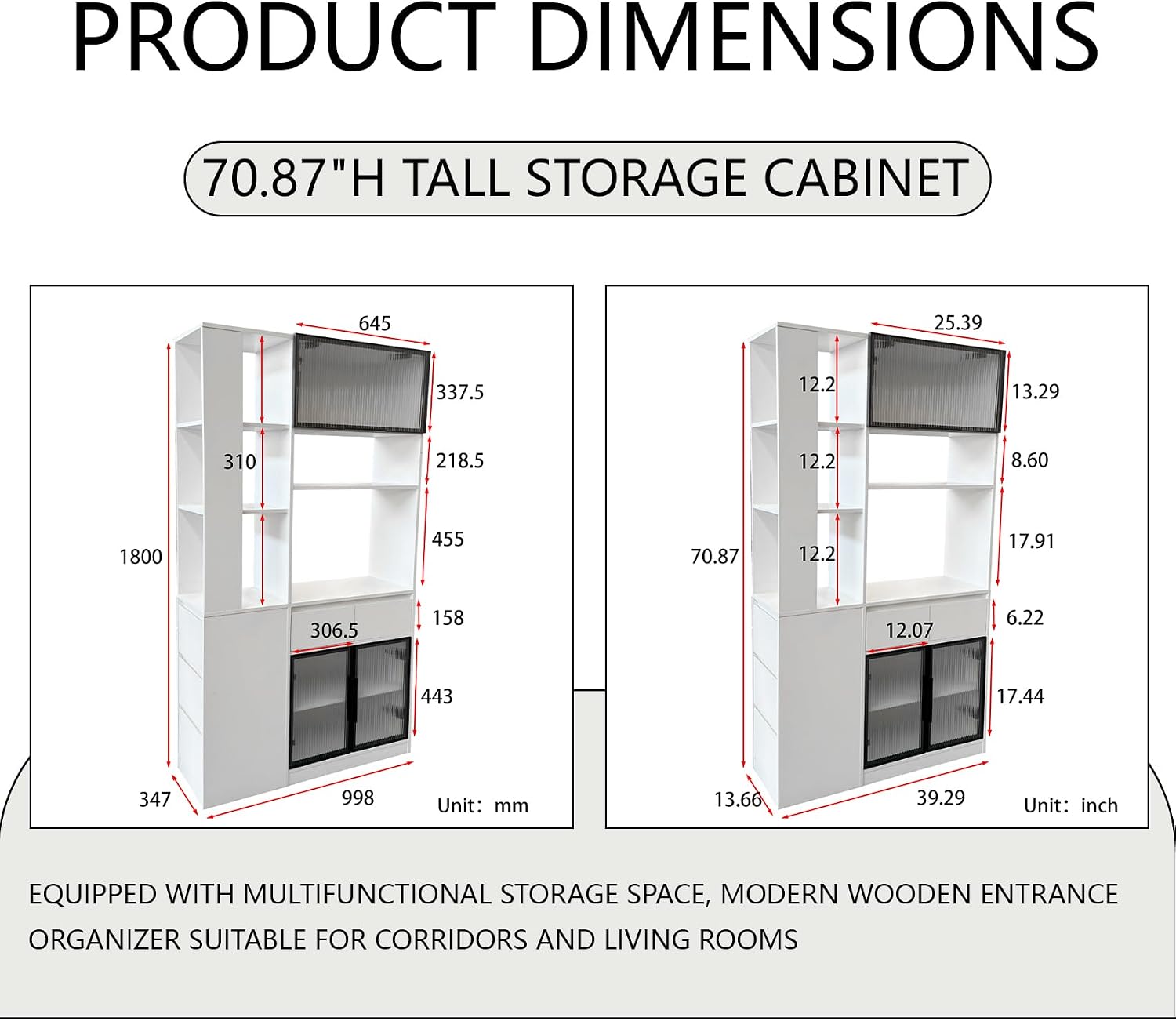 71 Inch Wood Pantry Cabinet with Glass Doors, 39 Inch Wide Freestanding Kitchen Storage Cabinet for Microwave and Coffee Bar, Modern Sturdy Tall Pantry Cabinet with Shelves & 5 Drawers, (White)