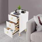 3-Layers Narrow Bedside Table, Space-Saving Living Room End Table with 3 Drawers, Leather Small Solid Wood Side Table with Support Legs for Small Spaces Bedroom (Off-White)