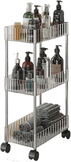 Sooyee Slim Clear 3-Tier Plastic Rolling Utility Cart with Wheels, Multi-Functional Storage Trolley for Office, Living Room, Kitchen, Movable Storage Organizer with Wheels