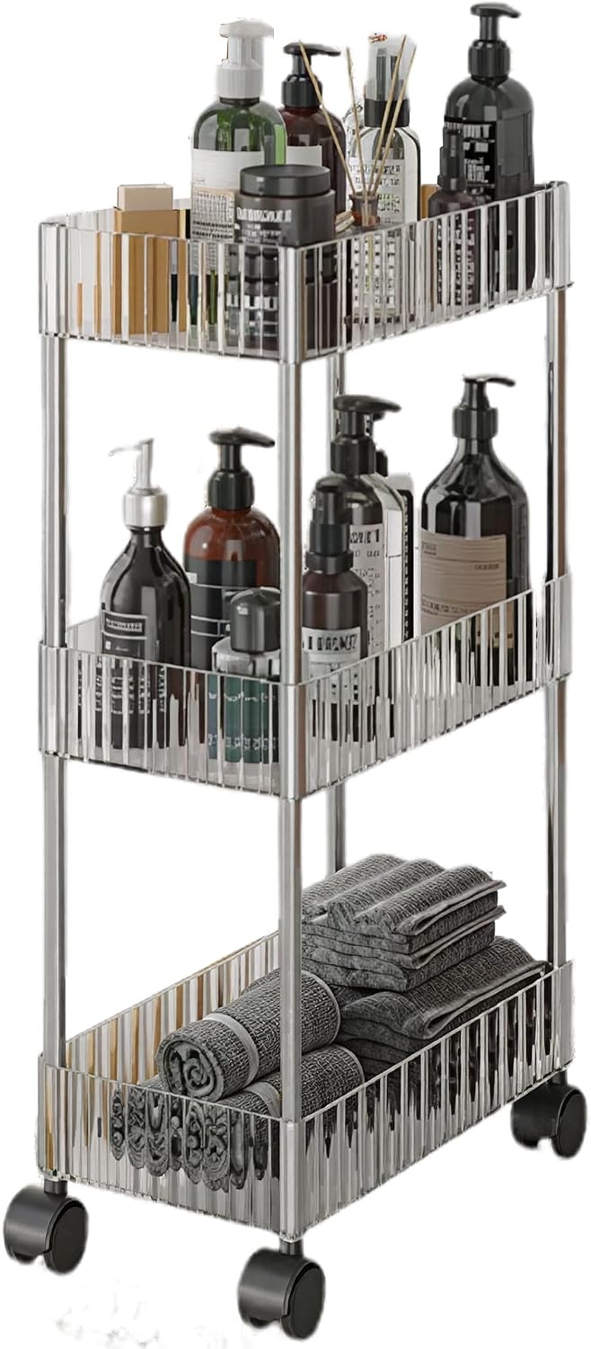 Sooyee Slim Clear 3-Tier Plastic Rolling Utility Cart with Wheels, Multi-Functional Storage Trolley for Office, Living Room, Kitchen, Movable Storage Organizer with Wheels