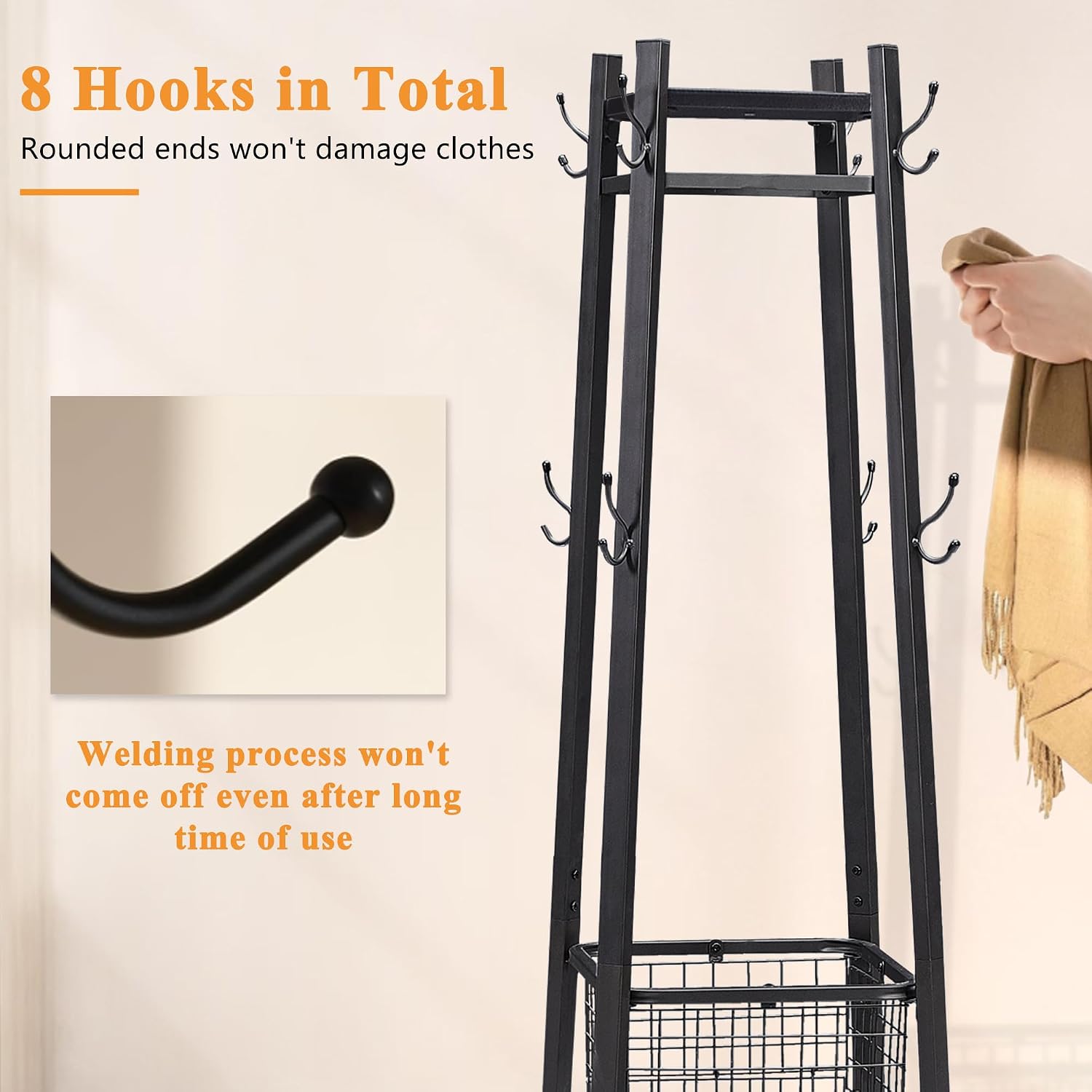 VECELO Coat Rack Freestanding,Hall Tree with Metal Basket and Storage Shelves,Industrial Coat Rack Stand with 8 Hooks for Hanging Coats/Hats/Bags/Umbrellas,18 x 18 x 72 In,Matte Black