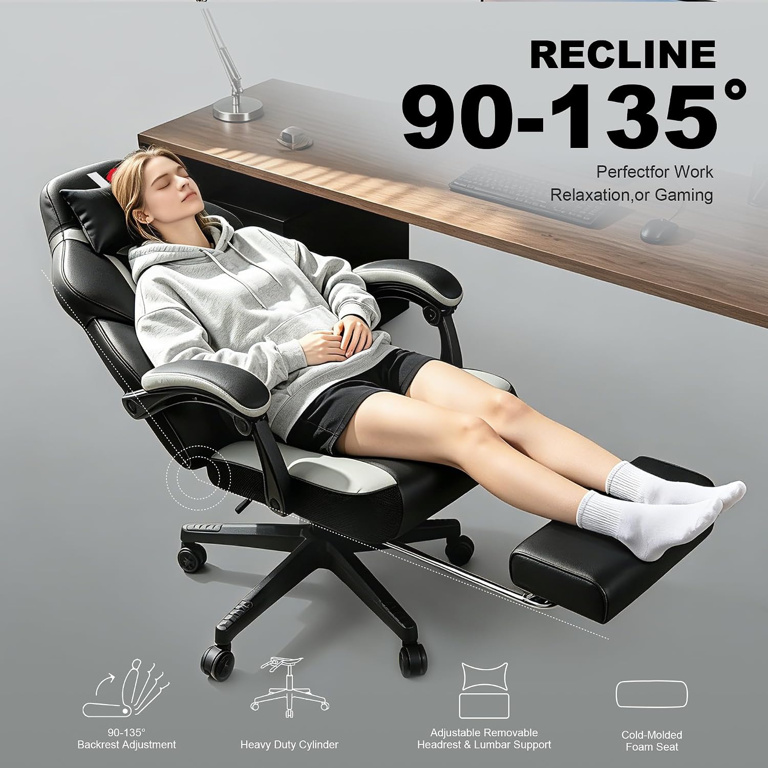 Big and Tall Gaming Chair,400lbs Heavy Duty Office Chair with Footrest, PU Leather High Back PC Desk Chair, Linkage Armrests & Reinforced Steel Frame,Grey