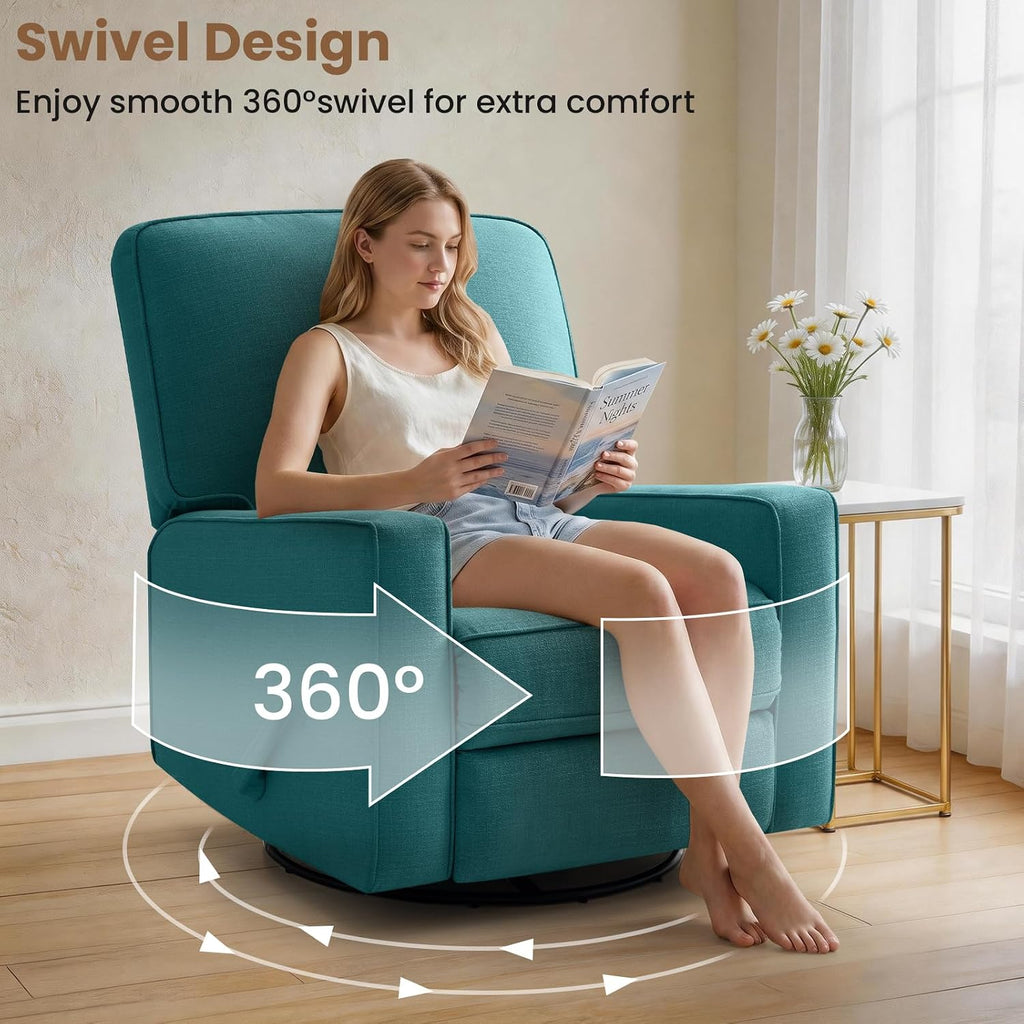 Swivel Rocker Recliner Chair, 360°Swivel Nursery Chair for Adults, Manual Reclining 30°Rocking Glider with Linen Fabric, Solid Wood & Metal Frame, Living Room, Bedroom
