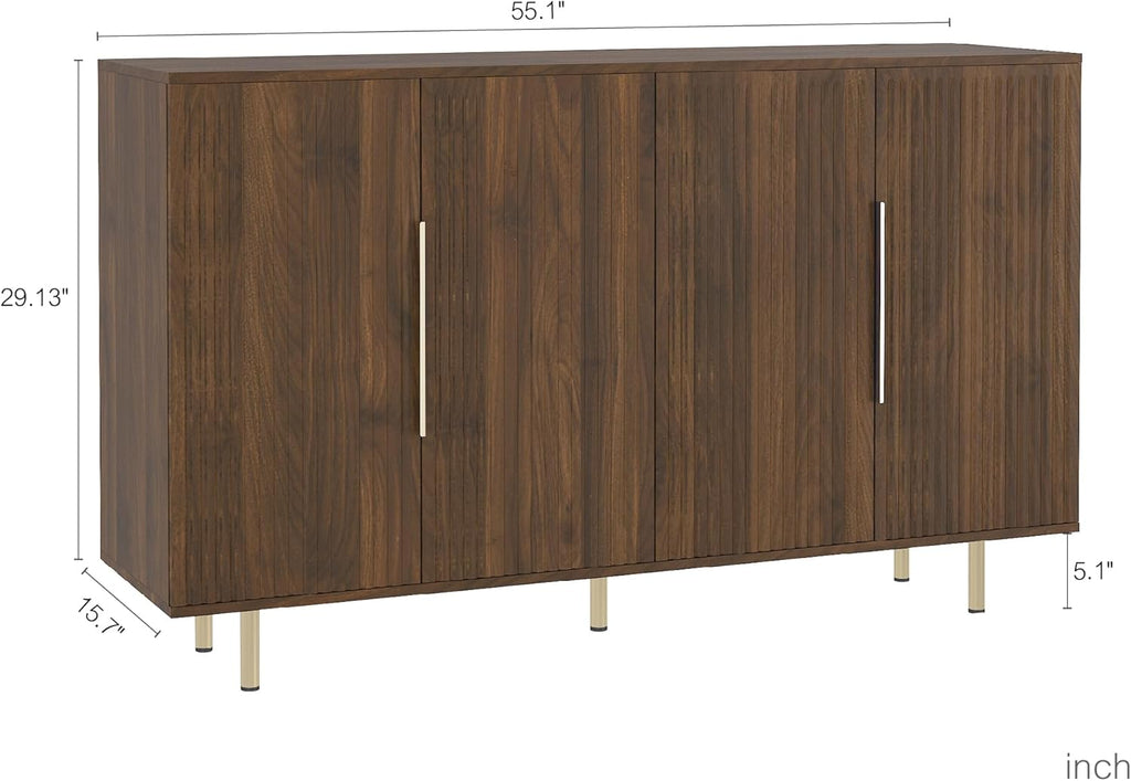 Sideboard Cabinet, 56" Large Buffet Cabinet with Storage, Wood Credenza Storage Cabinet with 4 Fluted Decorative Doors and Adjustable Shelves, for Living Room, Kitchen, Entryway, Walnut