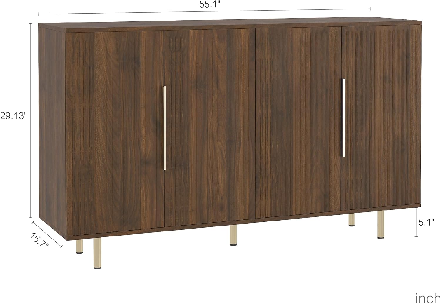Sideboard Cabinet, 56" Large Buffet Cabinet with Storage, Wood Credenza Storage Cabinet with 4 Fluted Decorative Doors and Adjustable Shelves, for Living Room, Kitchen, Entryway, Walnut