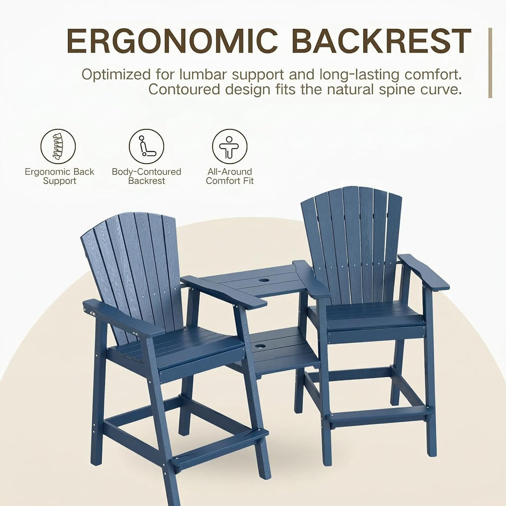 Kingdura Tall Adirondack Chairs Set of 2 with Removable Connecting Tray & 2" Umbrella Hole, Weather-Resistant HDPE Bar Height Outdoor Chairs, Wood-Look Balcony Bar Stools for Patio, Deck (Navy Blue)