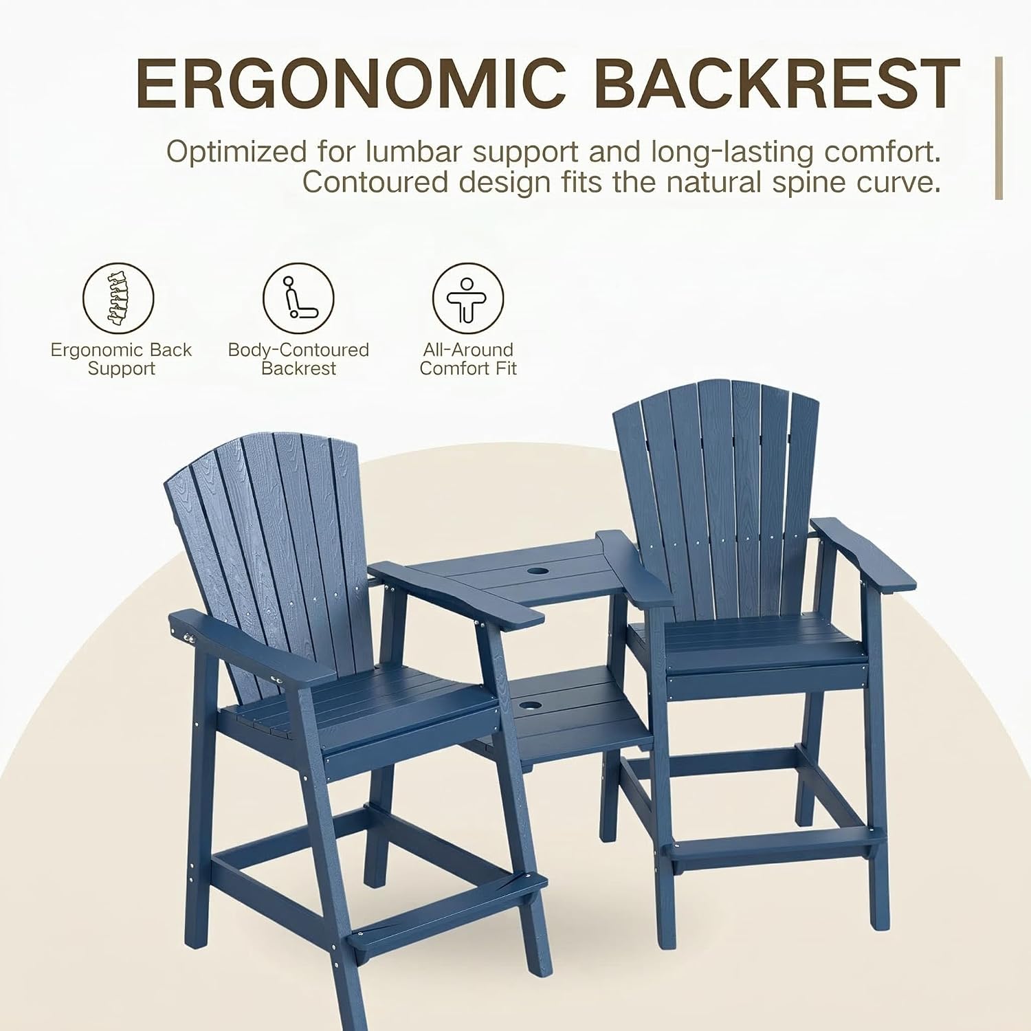 Kingdura Tall Adirondack Chairs Set of 2 with Removable Connecting Tray & 2" Umbrella Hole, Weather-Resistant HDPE Bar Height Outdoor Chairs, Wood-Look Balcony Bar Stools for Patio, Deck (Navy Blue)