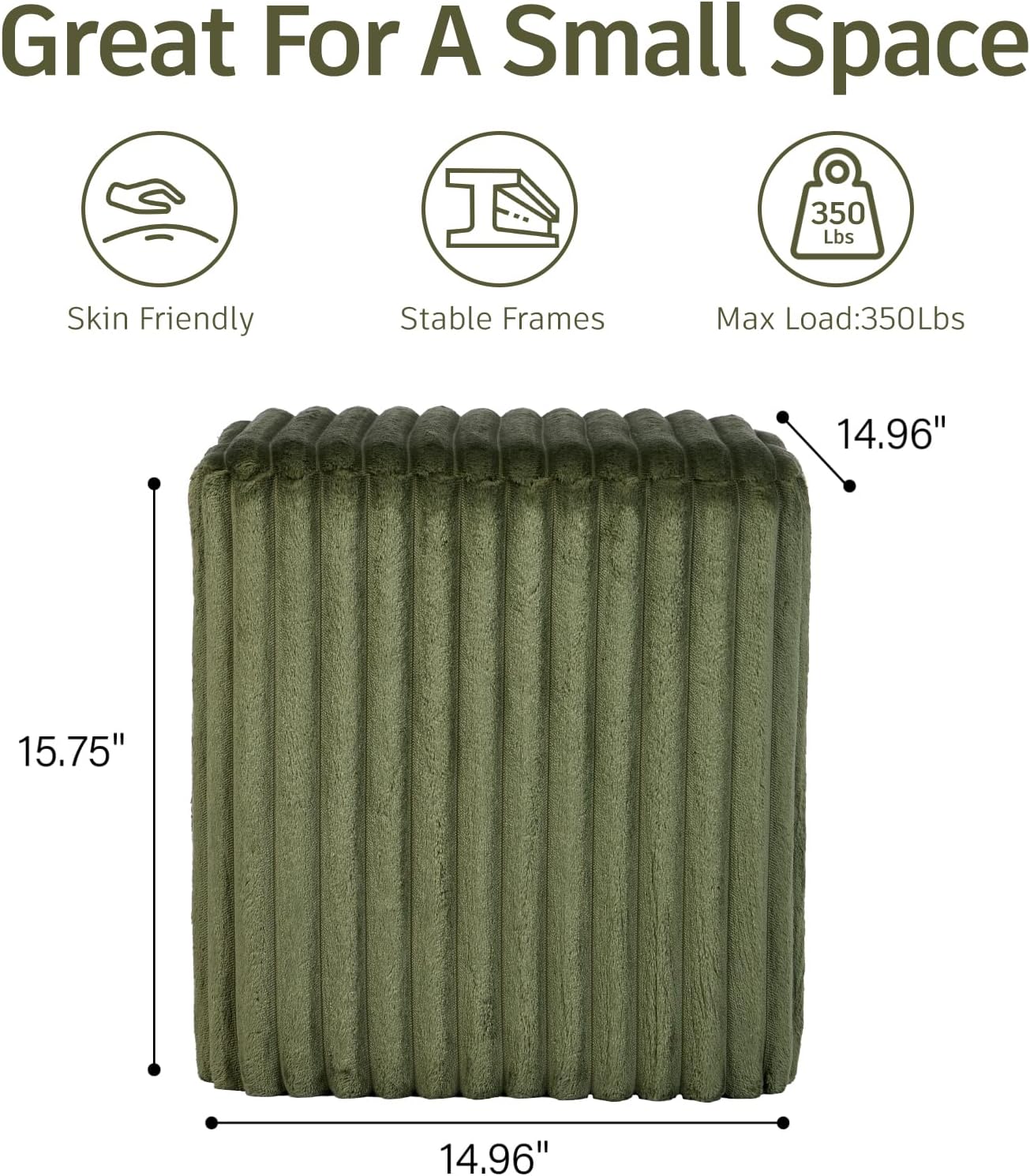 YDcosyfy Modern Square Ottoman, Vertical Channel Tufted Foot Stool Ottoman, Velvet Upholstered Vanity Stool for Makeup, Bedroom, Living Room, Dark Green