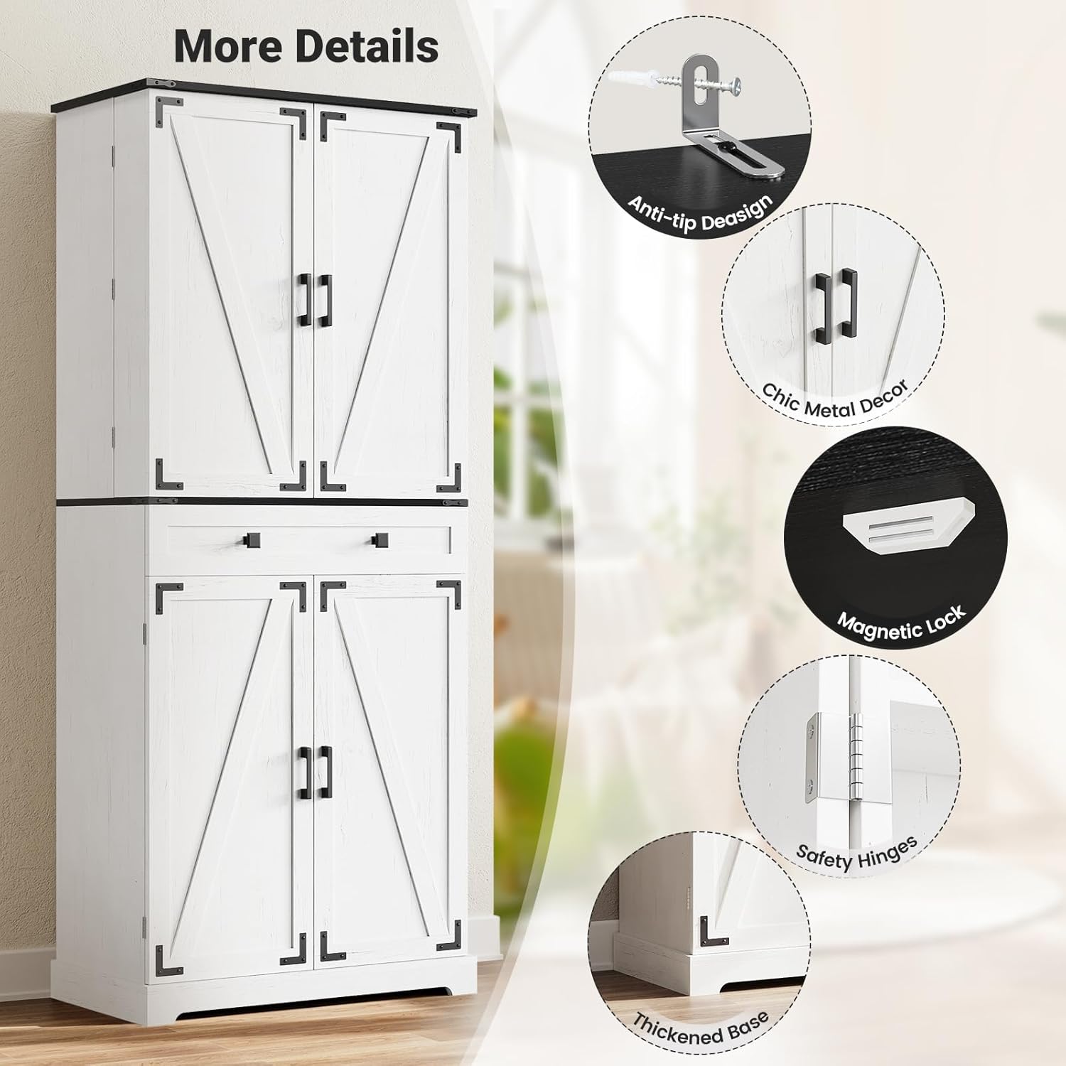 72" Kitchen Pantry Cabinet, Pantry Storage Cabinet with 8 Door Shelves and 3 Pull Out Shelves, Tall Pantry Cabinet with Adjustable Shelf and Large Drawer, Farmhouse Food Kitchen Hutch, For Dining Room