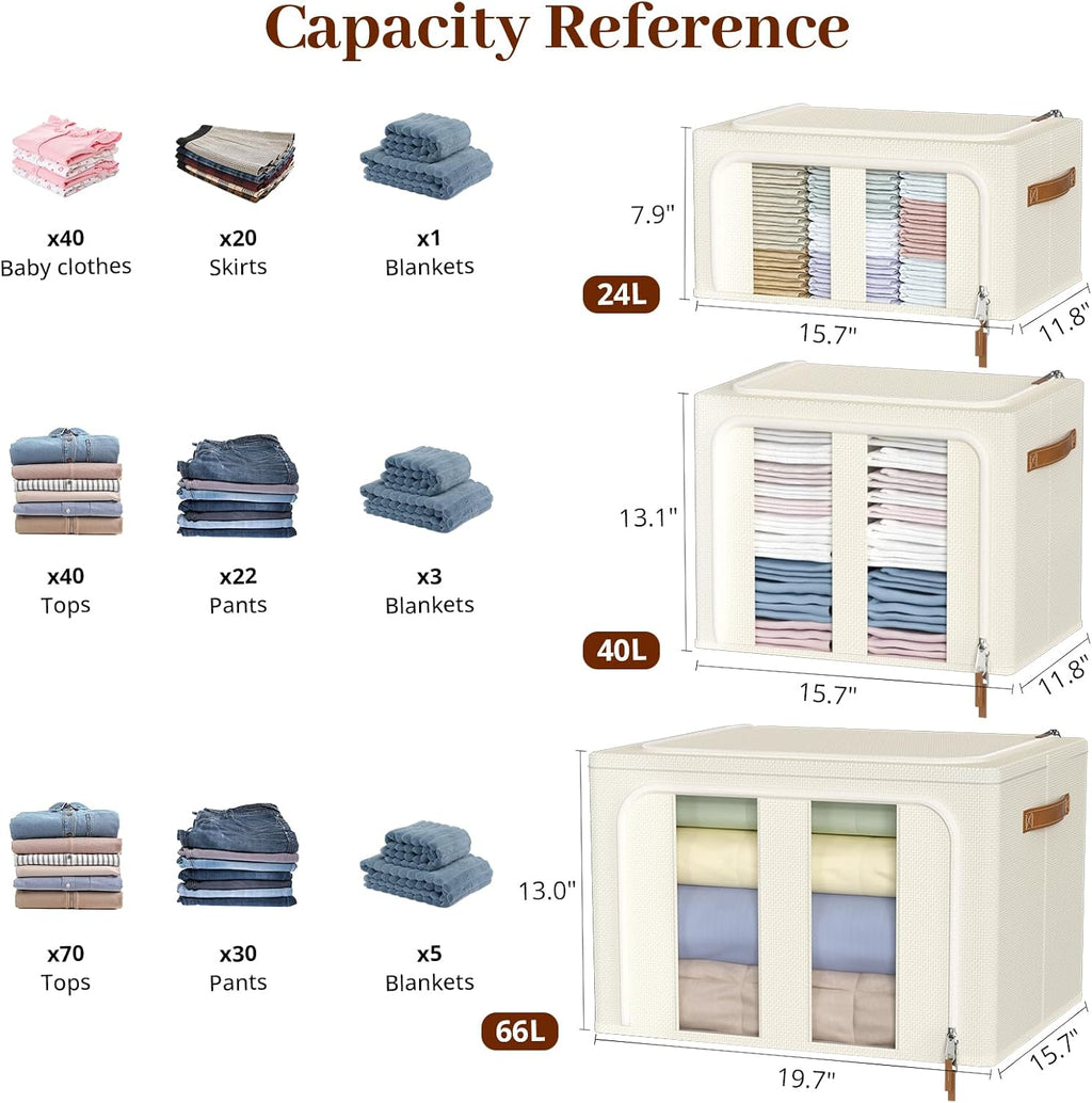 Clothes Storage Bins with Metal Frame, 4-Pack foldable storage bins with Lid, Closet Organizer for Sweaters, Blankets, and Winter Clothes,40L