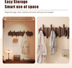 Wooden Coat Rack Wall Mounted Sticks Multi Rack Solid Handmade Natural Walnut Wood Artwork with 5 Flip-Down Unique Modern Hooks for Coats Bag Hat Umbrella