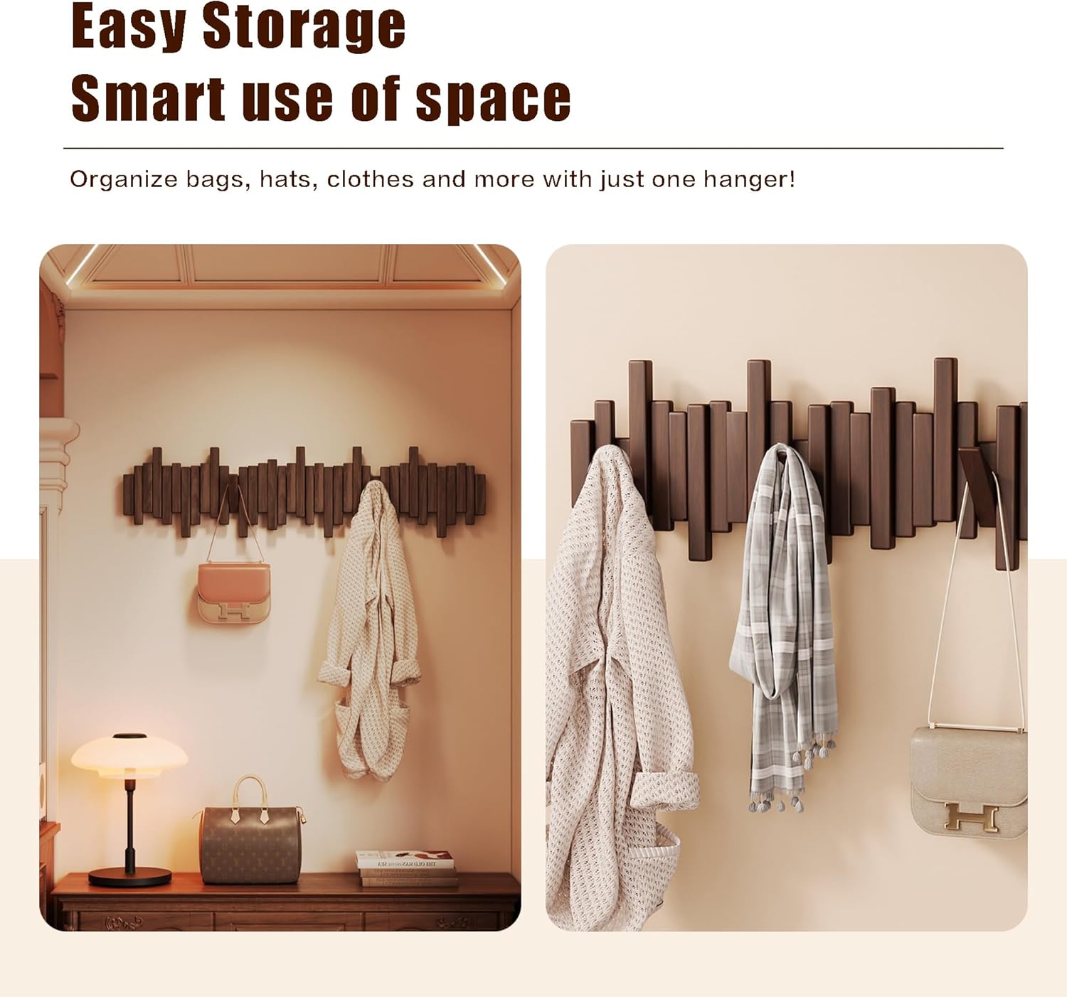 Wooden Coat Rack Wall Mounted Sticks Multi Rack Solid Handmade Natural Walnut Wood Artwork with 5 Flip-Down Unique Modern Hooks for Coats Bag Hat Umbrella