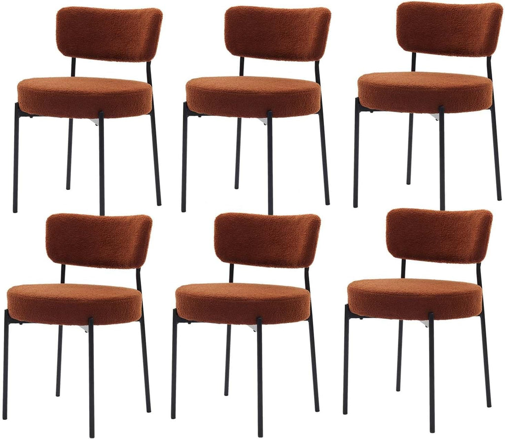 Boucle Dining Chair Set of 6, Mid Century Modern Upholstered Kitchen Chairs with Curved Backrest & Black Metal Legs, Round Dining Room Chairs, Brown