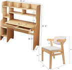 Kids Desk Kids Table and Chair Set with Drawers and Bookshelf Rubber Wood Kid's Media Desk Student Learning Computer Workstation and Writing Desk(Natural)