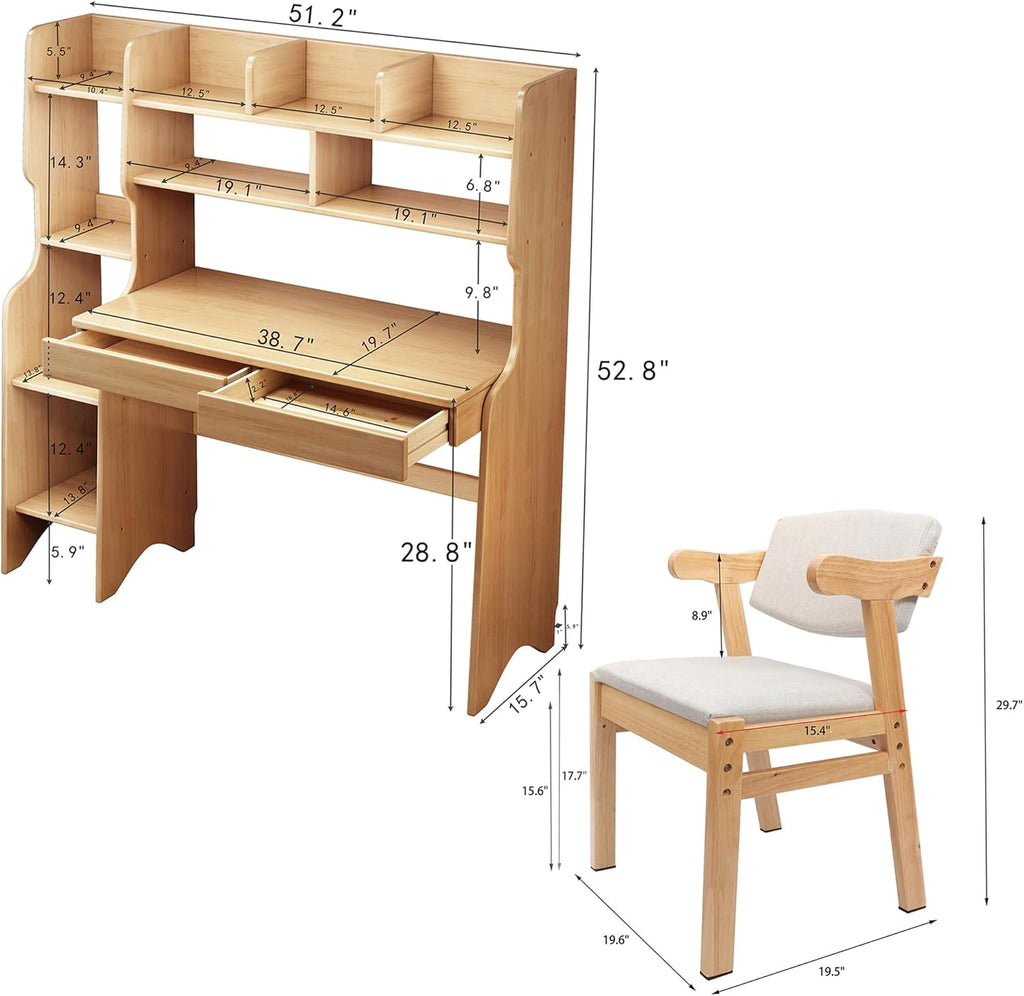 Kids Desk Kids Table and Chair Set with Drawers and Bookshelf Rubber Wood Kid's Media Desk Student Learning Computer Workstation and Writing Desk(Natural)