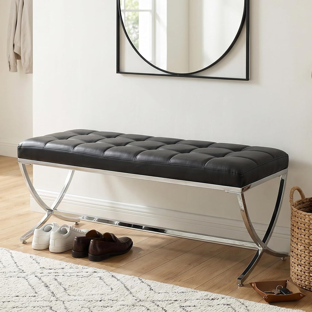 EALSON Modern Entryway Bench Leather Upholstered Dining Bench with Metal Base Button Tufted Ottoman Bench with Padded Seat Accent Foot Bench for Bedroom End of Bed/Living Room, Black