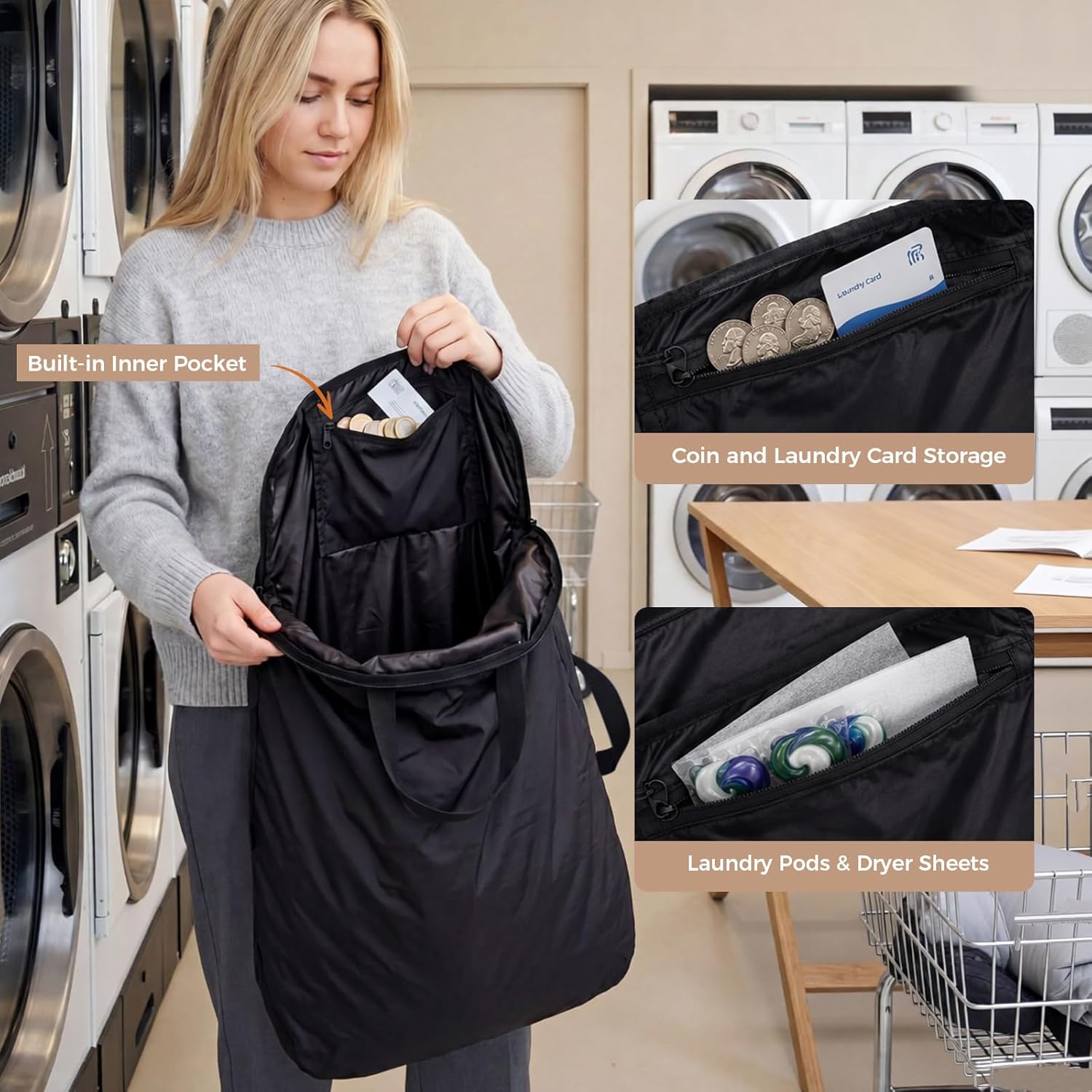 Travel Laundry Bag, Foldable Dirty Clothes Bag with Dual Zipper Opening, 40L Reusable Waterproof Laundry Bag, Large Capacity Travel Bag for Wet or Dirty Clothes for Travel, Camping & Storage (Black)