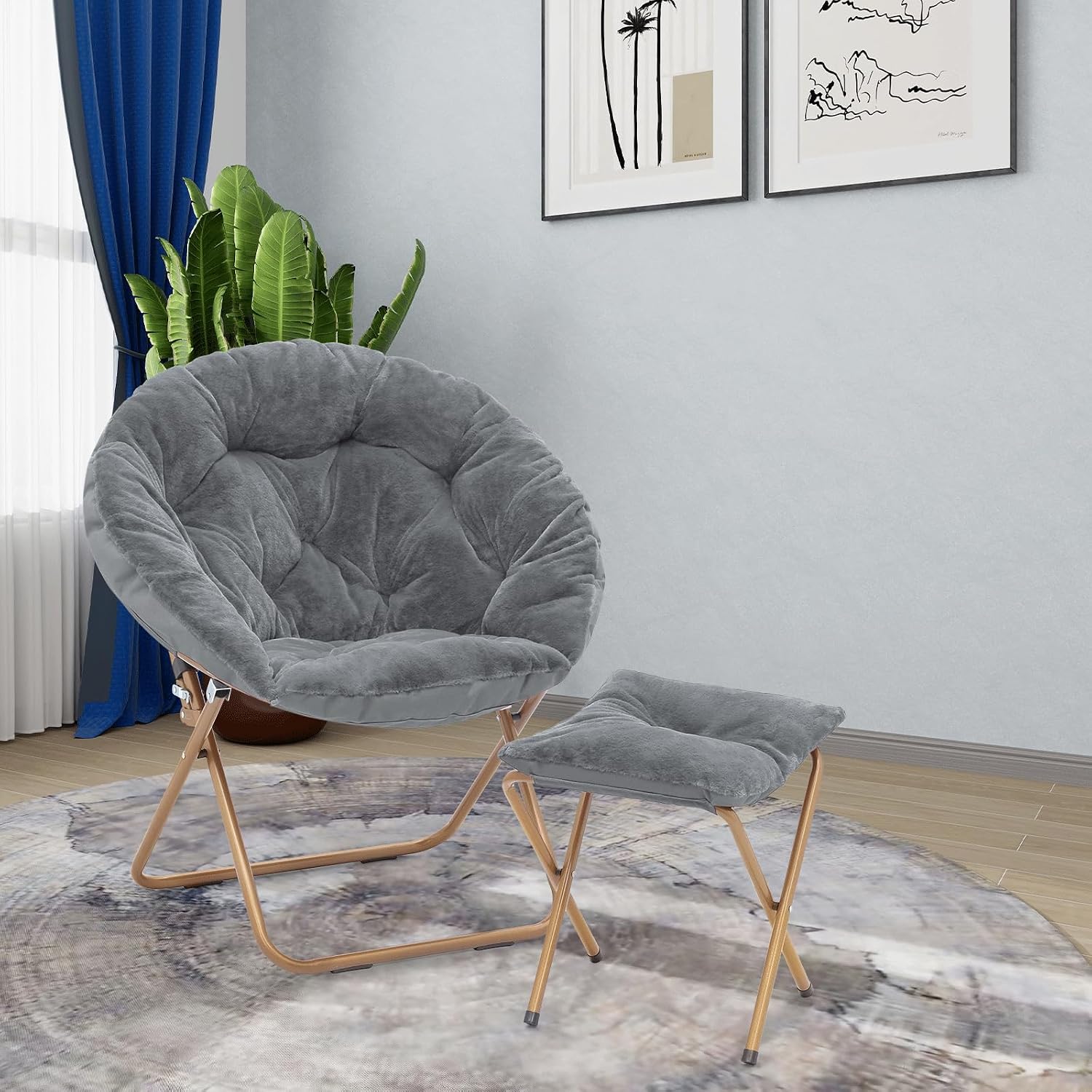 Athena Collection Round Saucer Chair with Ottoman Set for Adults, Oversize Comfy Cozy Faux Fur Folding Reading Chair with Metal Leg Lazy Relaxing for Living Room Bedroom Dorm Apartment, Grey