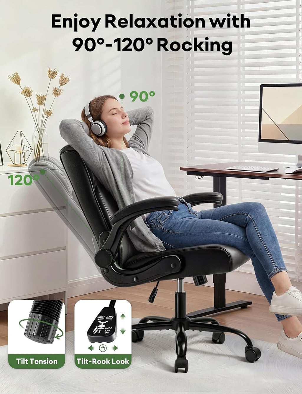 Executive Office Chair, Ergonomic Home Office Desk Chair with Lumbar Support & Flip-up Armrest, PU Leather Computer Seating for Short People, Black