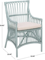 SAFAVIEH Furniture - Zorianna Dining Chair - Light Blue Rattan & White Cushion - Armchair Design - Ideal for Dining Room, Kitchen, 18.5" Seat Height (DCH6505C)