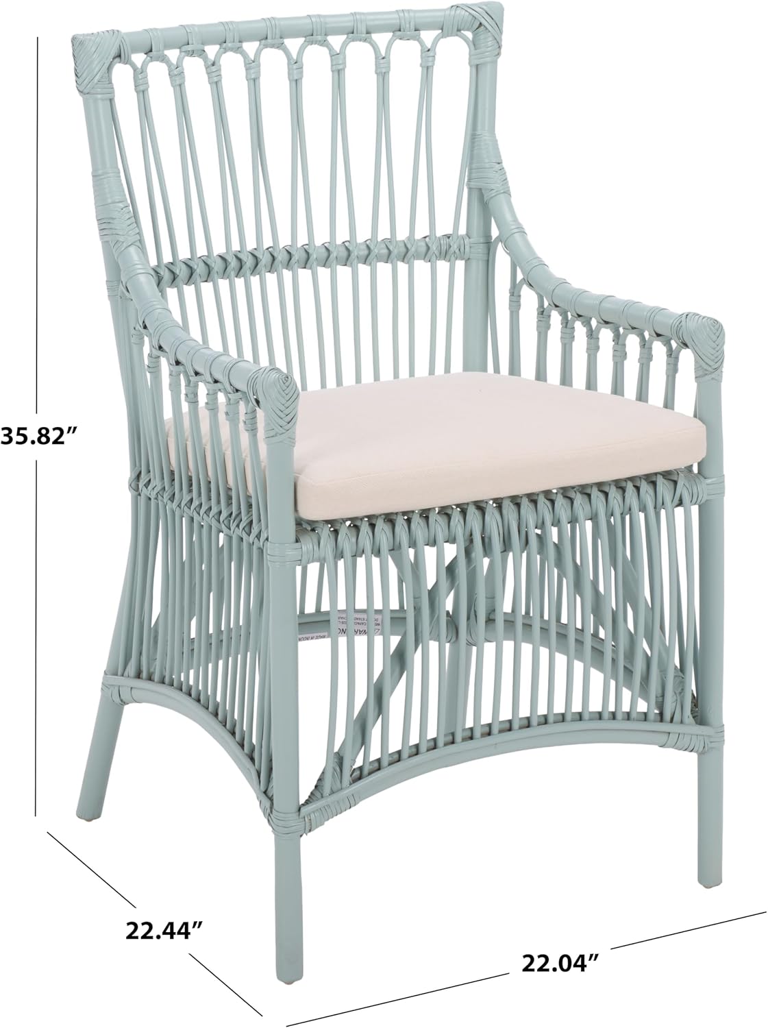SAFAVIEH Furniture - Zorianna Dining Chair - Light Blue Rattan & White Cushion - Armchair Design - Ideal for Dining Room, Kitchen, 18.5" Seat Height (DCH6505C)
