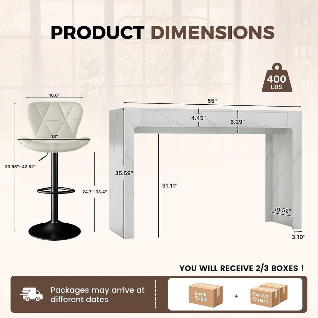 Miereirl Modern 3-Piece Bar Table Set, 55" Faux Marble Pub Dining Table with 2 Swivel Adjustable Barstools, PU Leather Counter Height Chairs with Footrest & Backrest for Kitchen, Dining Room