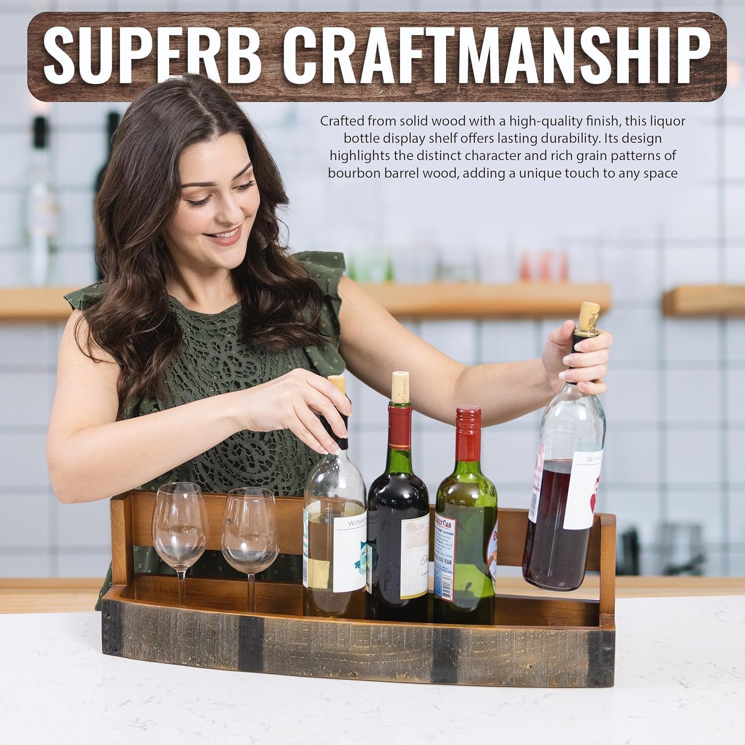 Liquor Bottle Display Shelf – Bar Shelf for Whiskey, Wine & Bourbon – Rustic Wall-Mounted Wooden Shelves, Countertop Rack, Stylish & Space-Saving Small Liquor Cabinet for Enthusiasts (Set of 2)
