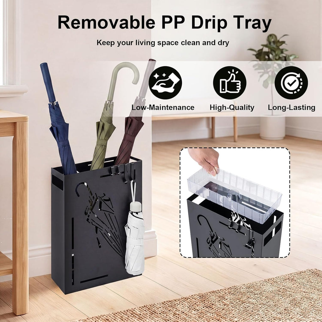 Goplus Metal Umbrella Holder, Rectangular Indoor Umbrella Stand Freestanding w/Removable Drip Tray, 4 Hanging Hooks, Heavy-Duty Umbrella Holders for Entryway, Home Office, 11 x 5 x 16 Inch, Black