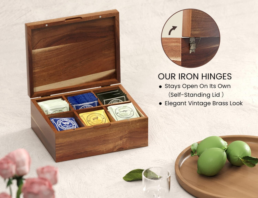 Acacia Wood Tea Bag Organizers, Tea and Sugar Packet Storage Chest with Lid, Wooden Teabag Holder Containers,Storage Box Teabox with 6 Compartments