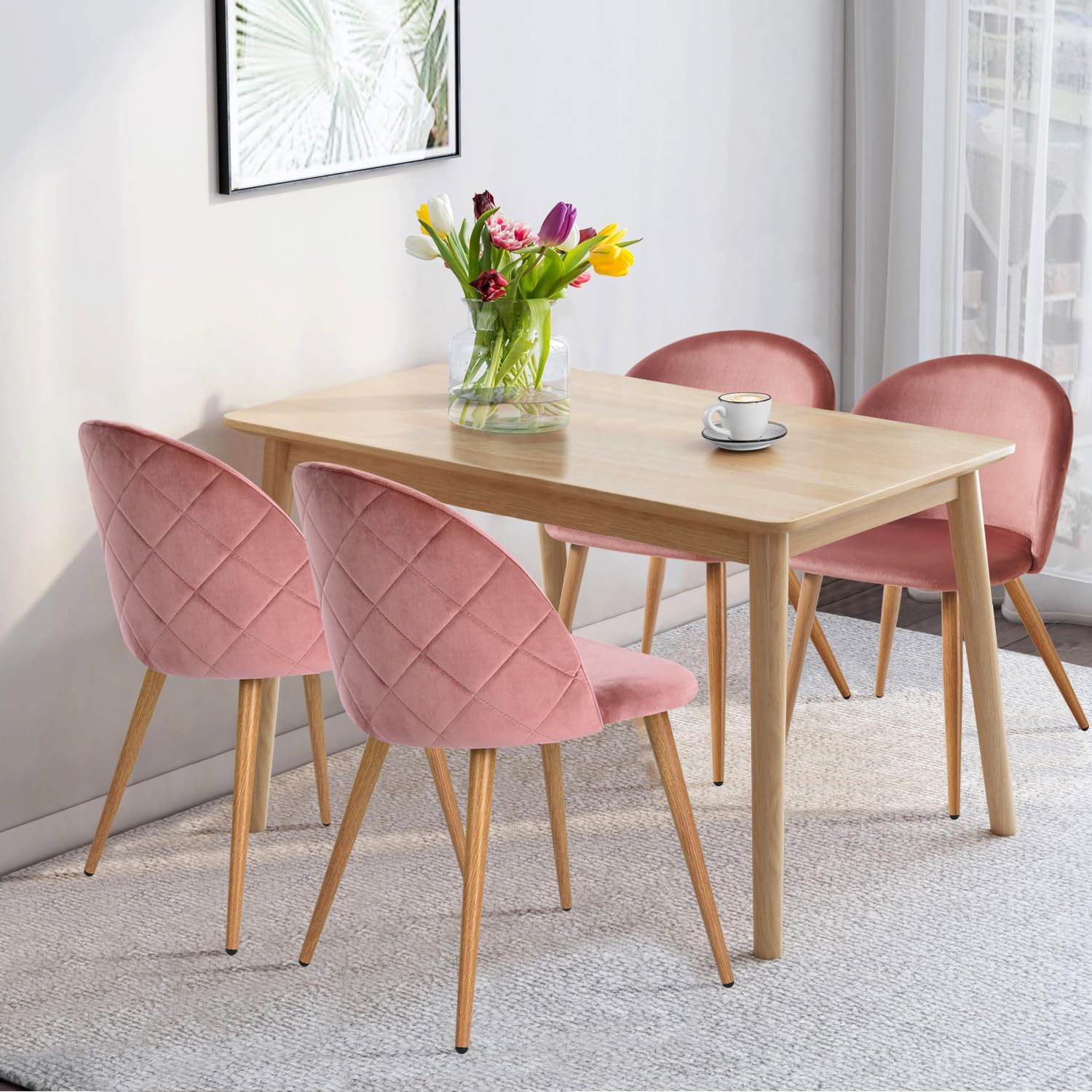 FurnitureR Upholstered Dining Chairs Set of 4, Mid Back Armless Accent Chair Velvet with Wood Legs for Home, Kitchen, Bedroom, and Living Room, Rose