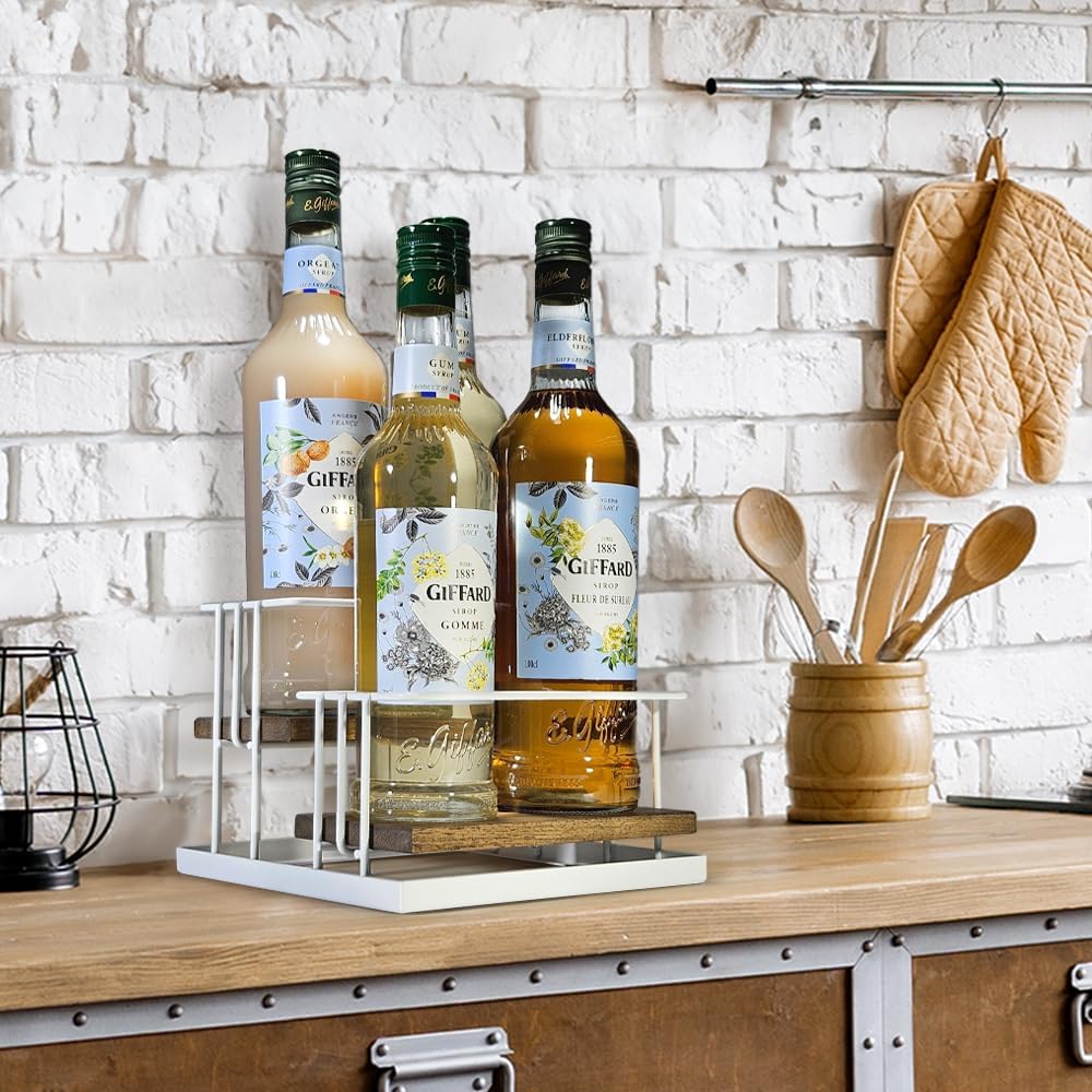 J JACKCUBE DESIGN Cofee Syrup Bottle Holder Rack, Rustic Wood and White Metal Wire 2 Tier 4 Syrup, Wine, Dressing Bottle Countertop Display Storage Stand for Kitchen Coffee Bar- MK816F