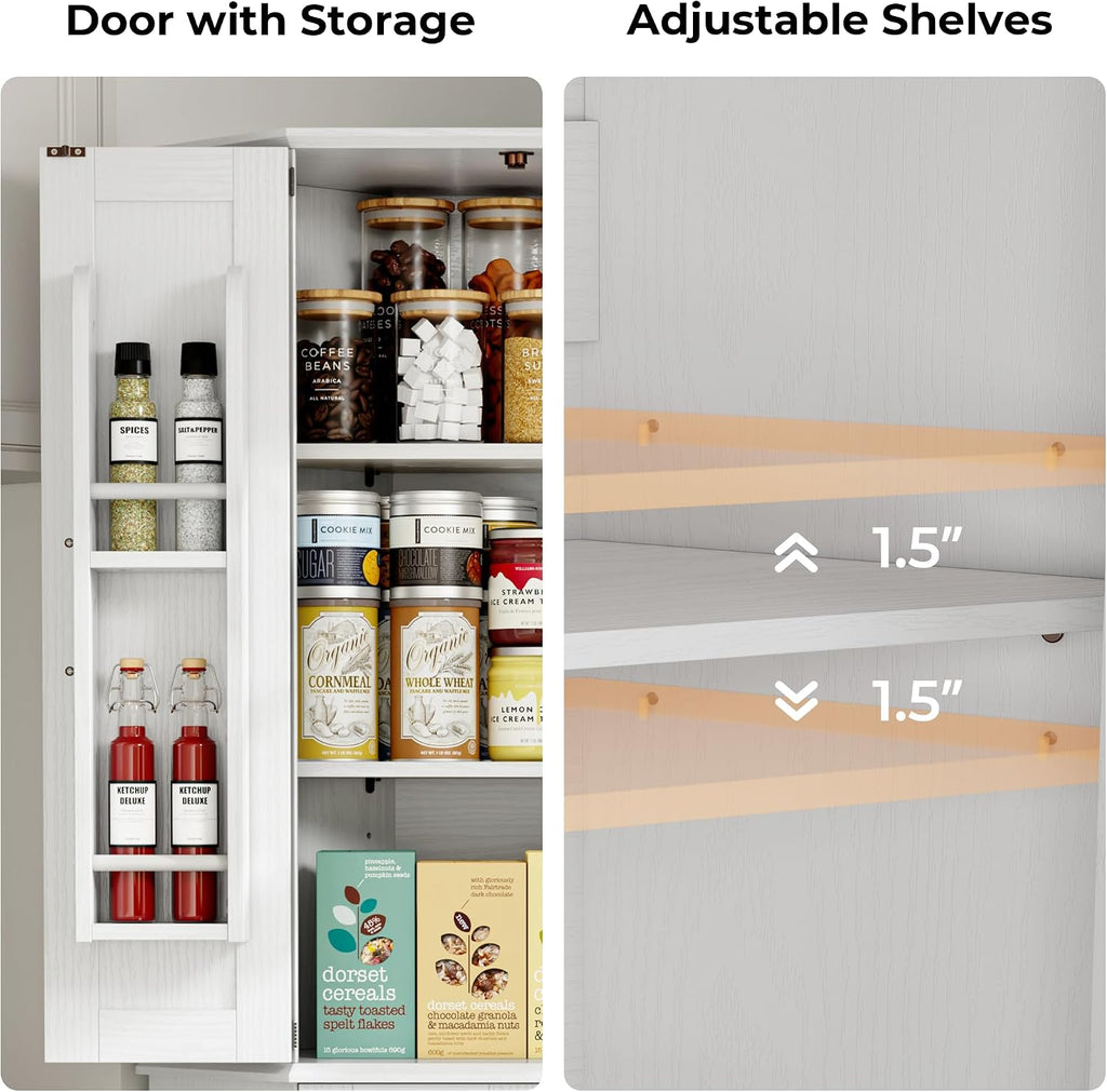 IRONCK Corner Cabinet, 72" Kitchen Pantry Cabinet, 6-Tier Freestanding Farmhouse Pantry with 2 Adjustable Shelves, 240°Swivel Doors, 2 Doors Storage, Spacious Hutch for Kitchen, Living Room, White