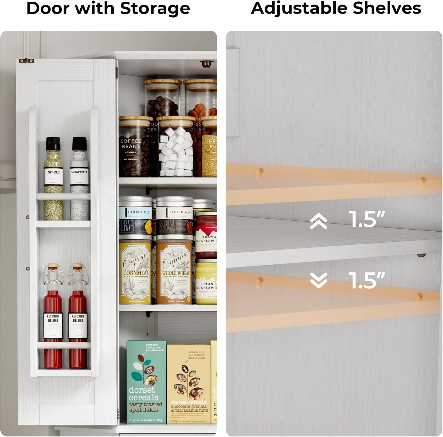 IRONCK Corner Cabinet, 72" Kitchen Pantry Cabinet, 6-Tier Freestanding Farmhouse Pantry with 2 Adjustable Shelves, 240°Swivel Doors, 2 Doors Storage, Spacious Hutch for Kitchen, Living Room, White