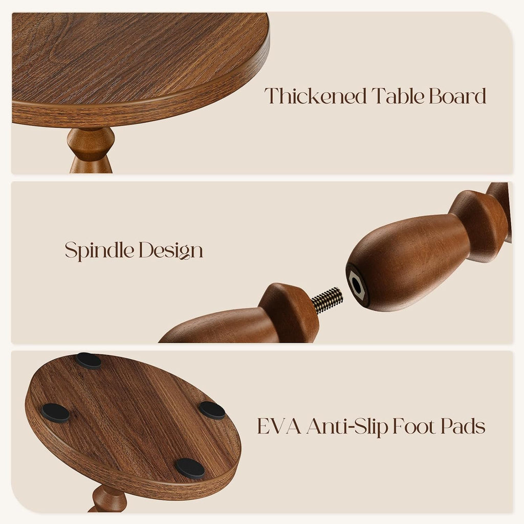 Small Round Side Table - End Tables for Living Room, Vintage Accent Drink Table for Small Spaces, Bedroom, Corner, Solid Wood Couch Side Tables with Wooden Pedestal, Modern Nightstand, Walnut