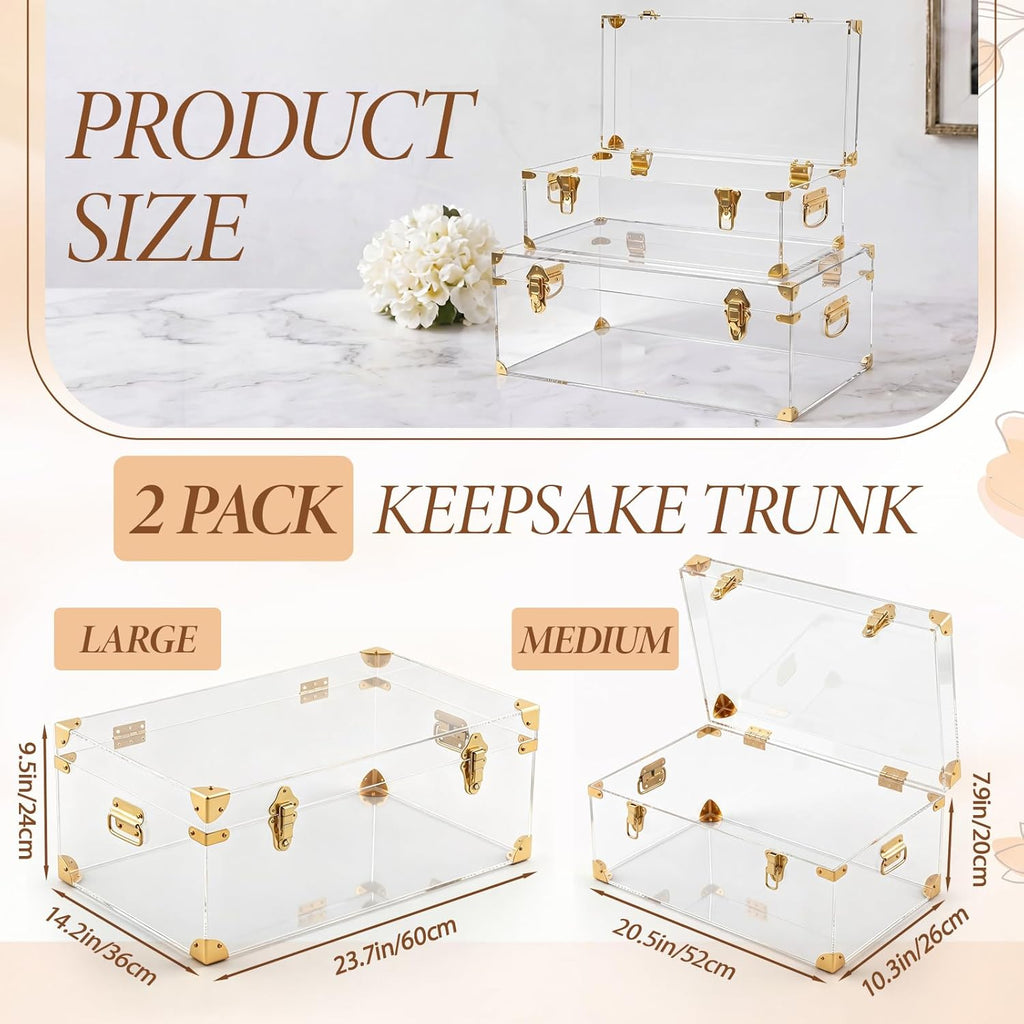 Wesiti Clear Acrylic Bridal Keepsake Trunk, Decorative Storage Chest with Lid & Handles, Bridal Wedding Memory Box for Photos, Gifts, Special Moments, Closet & Home Organization(2,Large,Small)