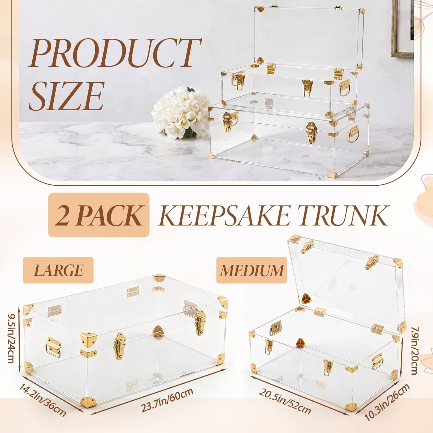 Wesiti Clear Acrylic Bridal Keepsake Trunk, Decorative Storage Chest with Lid & Handles, Bridal Wedding Memory Box for Photos, Gifts, Special Moments, Closet & Home Organization(2,Large,Small)