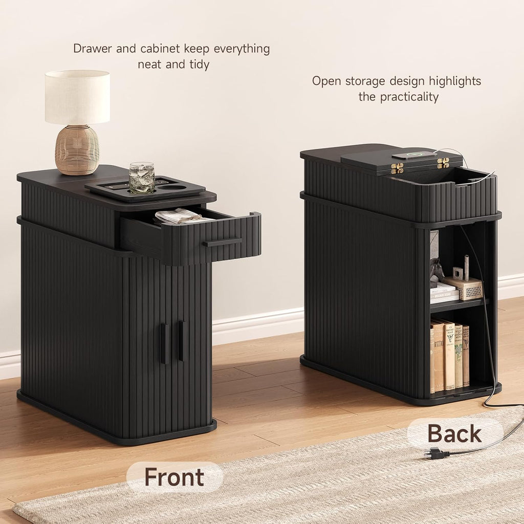 Side End Table with Charging Station, Slim Nightstand with Drawer, Mid-Century Wood Skinny Bedside Table with Storage, Narrow Side Tables for Small Space Living Room Bedroom Office Sofa Couch Black