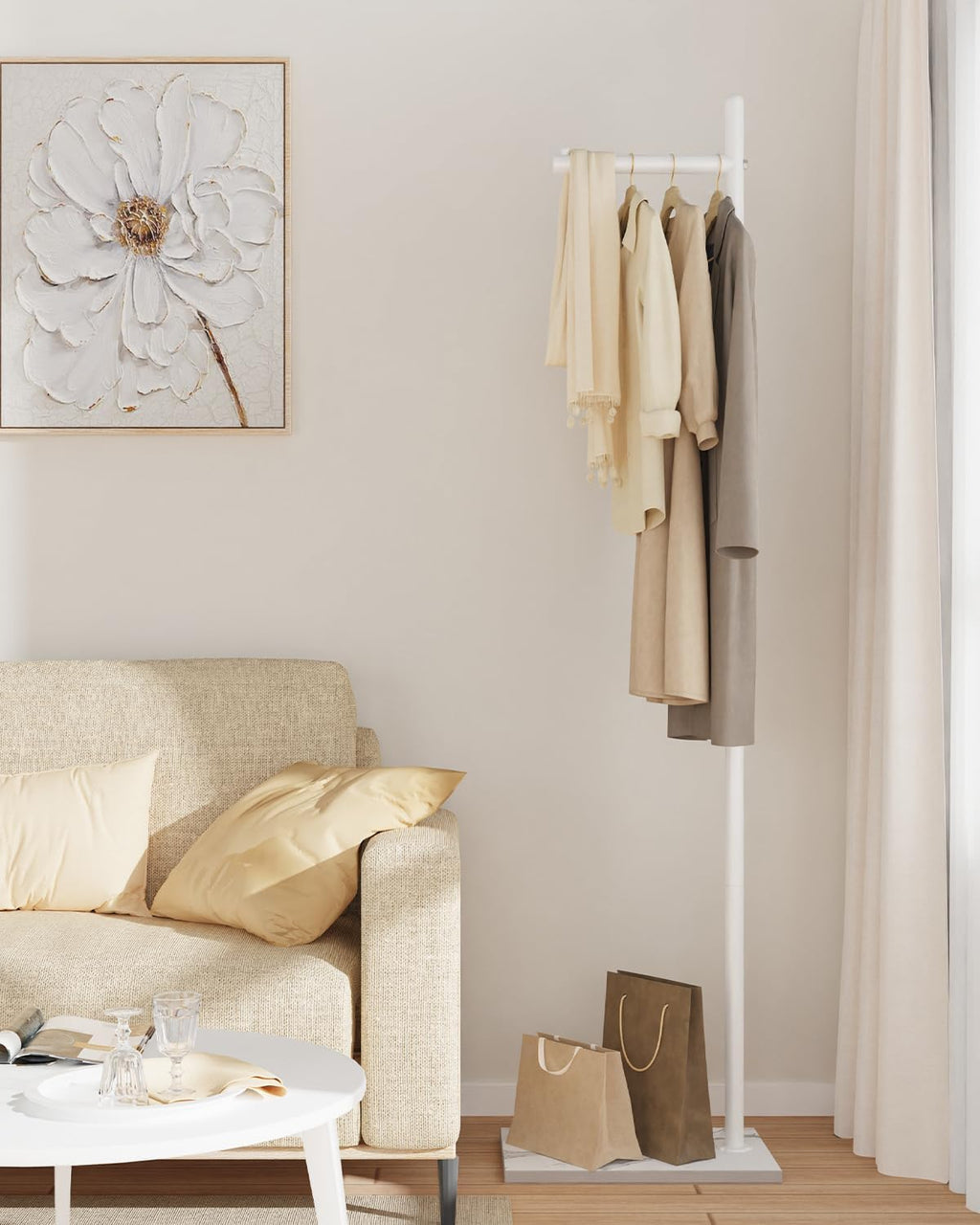 Yawinhe Metal Coat Racks with Square Base,L-Shaped Clothes Stand,White | Freestanding Hall Tree for Bedroom;Clothes Hanger Stand Suitable for Entryway; Stable Clothing Rack for Hallway