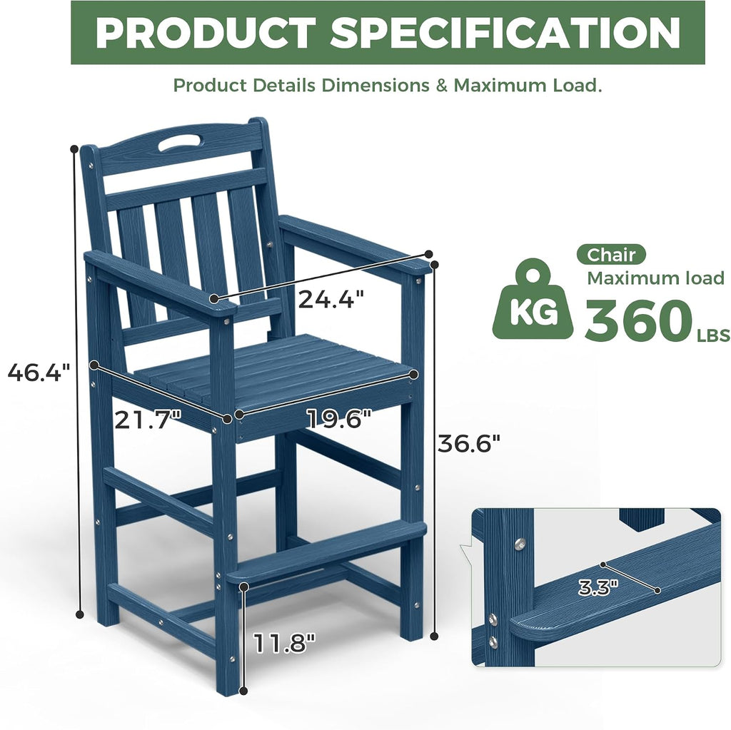 Outdoor Patio Bar Height Chair, All-Weather HDPE Tall Balcony Adirondack Stools for Bistro, Garden, Backyard, Deck | Navy Blue