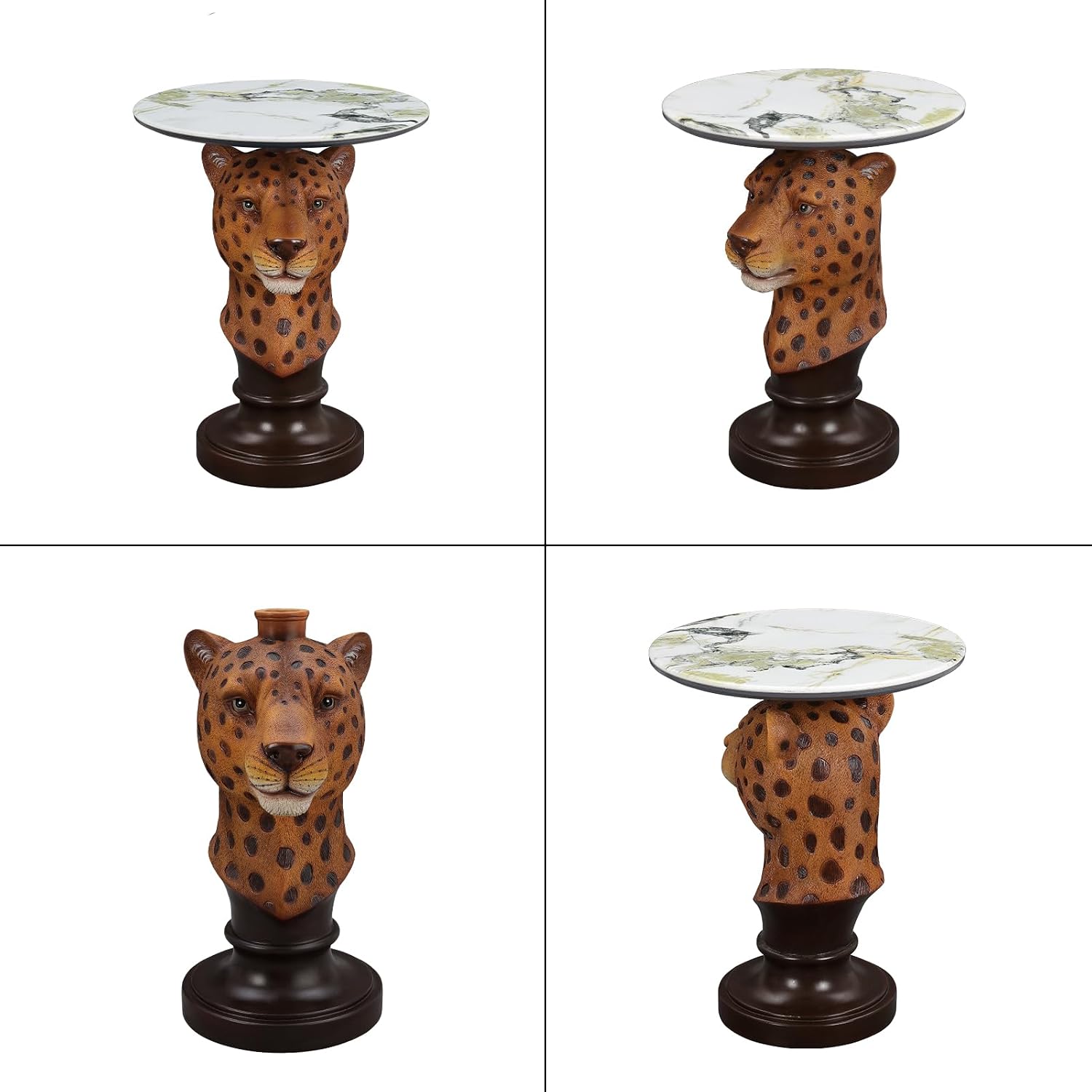 Leopard Side Table, Maximalist Room Decor Accent Table, Unique Animal Head Sculptural End Table with Faux Marble Top for Eclectic Vintage Home Interior, Living Room & Lounge - Savannah Leopard