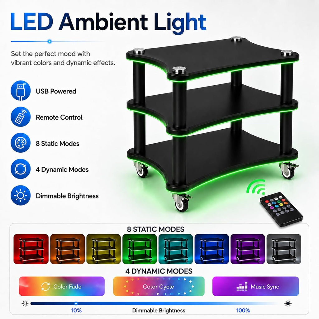 AV Media Stand with LED Lights, Audio Rack with USB Powered RGB Light Strip, Rolling Stereo Cabinet with Lockable Caster Wheels, 88 lbs Per Shelf, Printer/TV Stand for Small Spaces (black, 3-Tier)